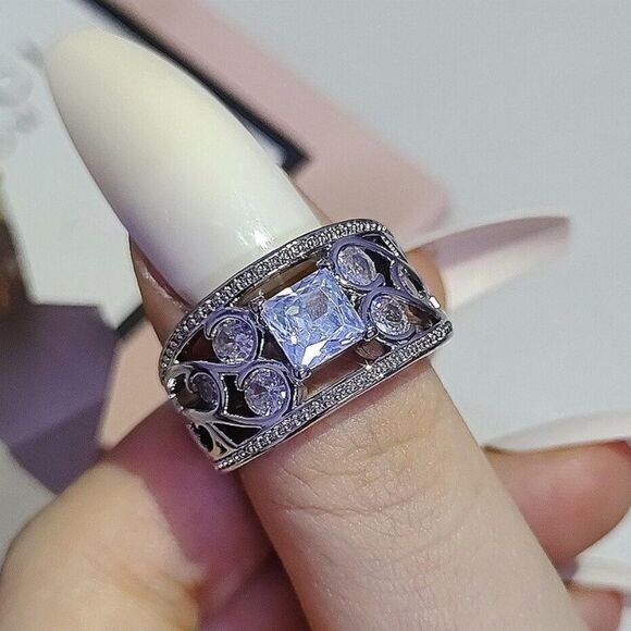 The Art Deco wide band ring in 925 silver and cubic zirconia sz 7 - Picture 9 of 9